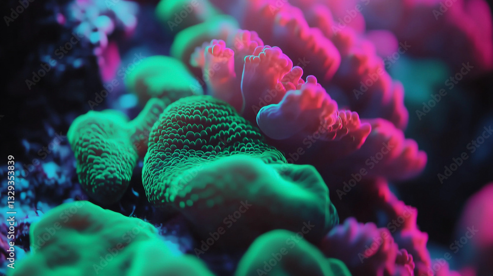 Obraz premium Vibrant underwater coral reef with green and purple formations, highlighting marine biodiversity and the rich colors of an ocean ecosystem in clear water.