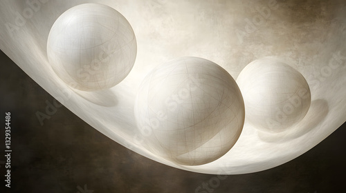 Ethereal light photography of a group of white balls floating gracefully in a dreamlike atmosphere for a unique abstract visual impact.