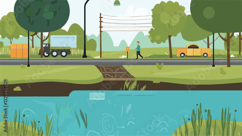 A stylized illustration depicting a cross-section of an urban area showing a stormwater management system. The upper section displays a simplified road scene with vehicles, pedestrians, and trees.