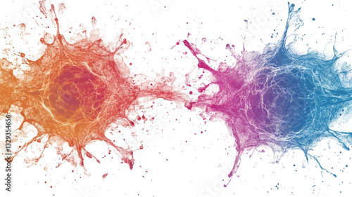 The image showcases two distinct, dynamic splashes of color against a white background.  The splashes are roughly circular in shape with radiating, irregular tendrils extending outward.  One splash