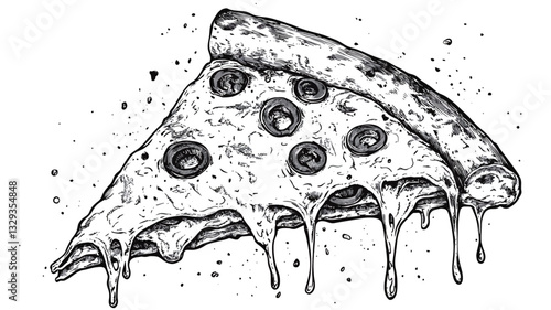 A detailed black and white illustration of a single slice of pizza. The style is hand-drawn, with visible line work and shading to create texture.  The pizza slice is depicted with melted cheese