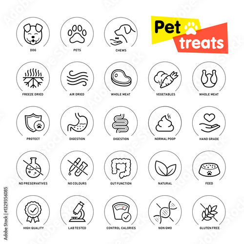 A set of icons for pet treats. The main benefits from a balanced treats.The outline icons are well scalable and editable. Contrasting elements are good for different backgrounds. EPS10.