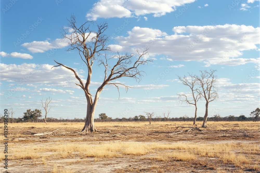 Bare trees spread across an arid, sunlit landscape under a vast blue sky, conveying a sense of solitude and natural beauty. Bare trees spread across an arid, sunlit landscape under a vast blue sky, conveying a sense of solitude and natural beauty.