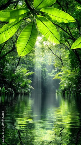 Sunlight Dappled Forest with Green Leaves Reflecting on Calm Water