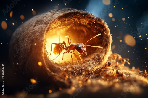A detailed digital illustration of a magnified ant nest, showing cross-sections of tunnels with ants busily moving in and out