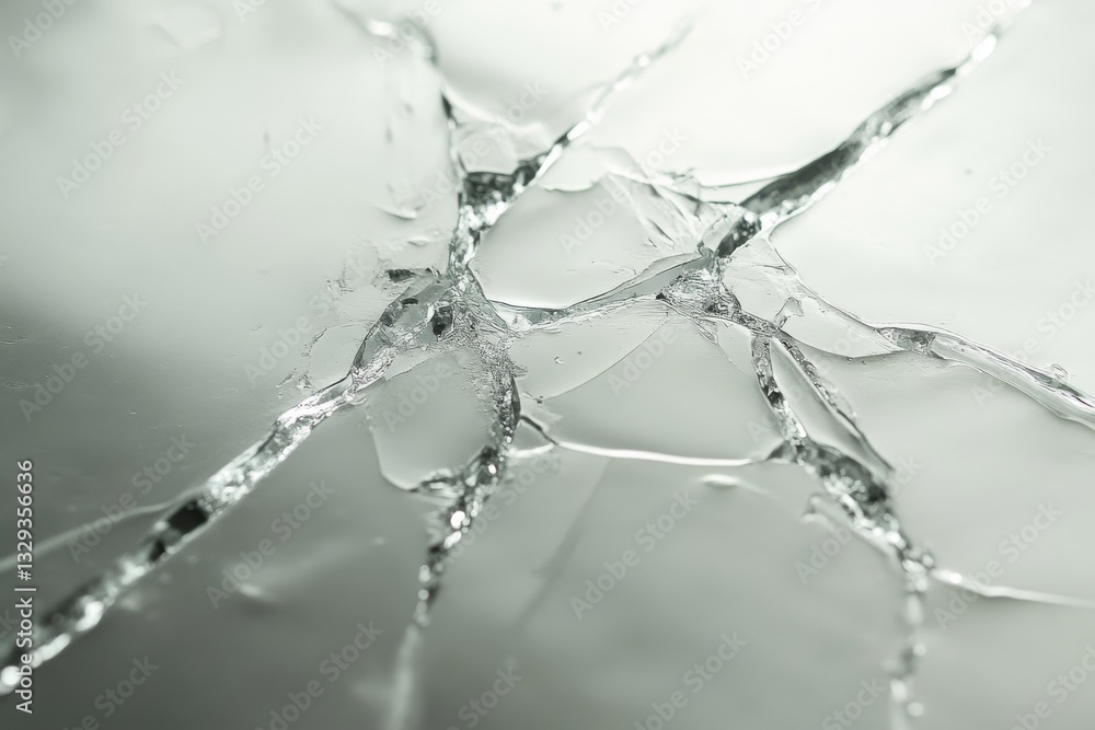Cracked ice patterns spread across a solid, frozen surface, transforming a simple winter landscape into a canvas of intricate geometrical art. Cracked ice patterns spread across a solid, frozen surface, transforming a simple winter landscape into a canvas of intricate geometrical art.