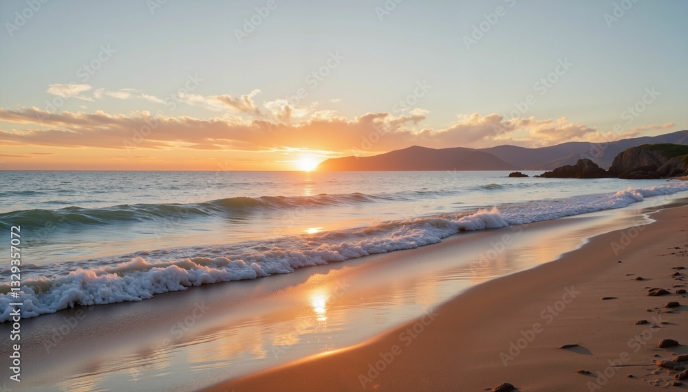 Tranquil beach at dawn with gentle waves, nature's serenity Tranquil beach at dawn with gentle waves, nature's serenity