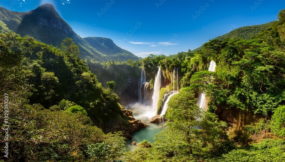 Fototapeta premium A peaceful valley where waterfalls flow upwards into the sky, defying gravity in a mesmerizing, dreamlike display surrounded by mist and lush greenery. 