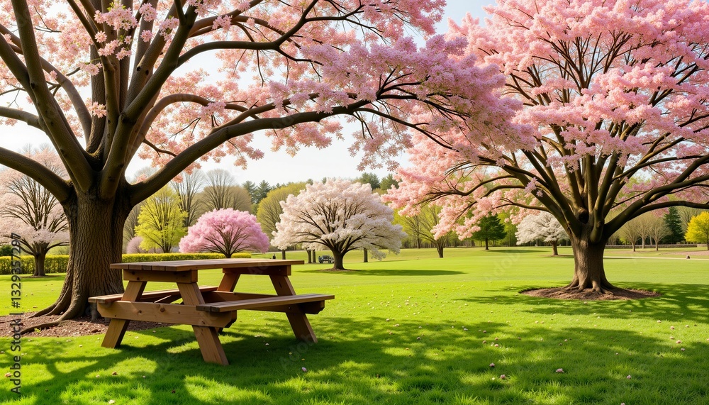 Idyllic picnic scene under blooming cherry blossom trees, springtime serenity Idyllic picnic scene under blooming cherry blossom trees, springtime serenity