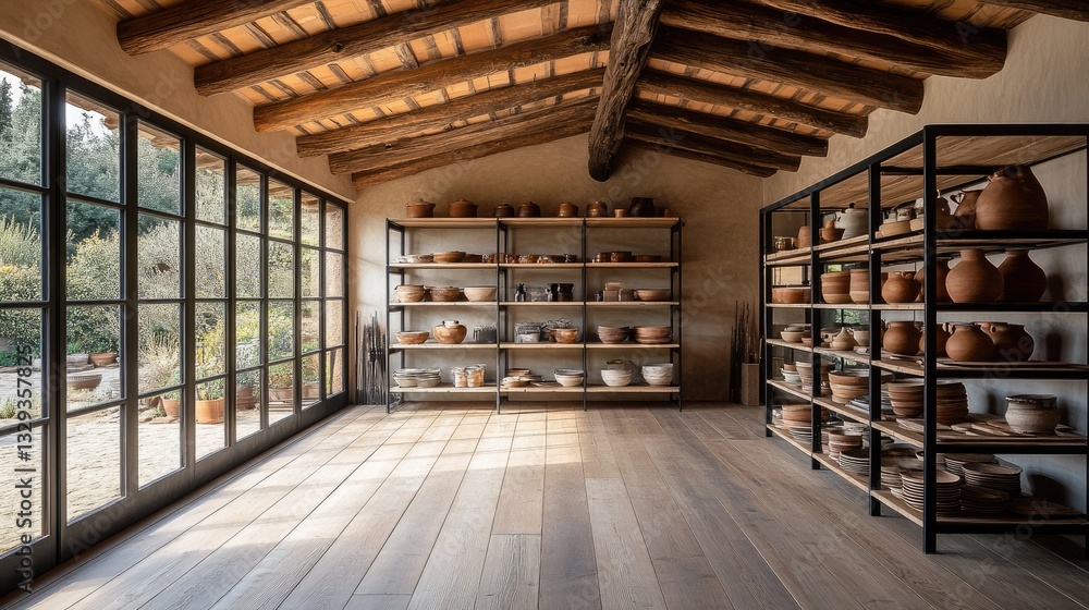 Rustic home with warm wooden accents and tall black iron shelves housing ceramic vases Rustic home with warm wooden accents and tall black iron shelves housing ceramic vases