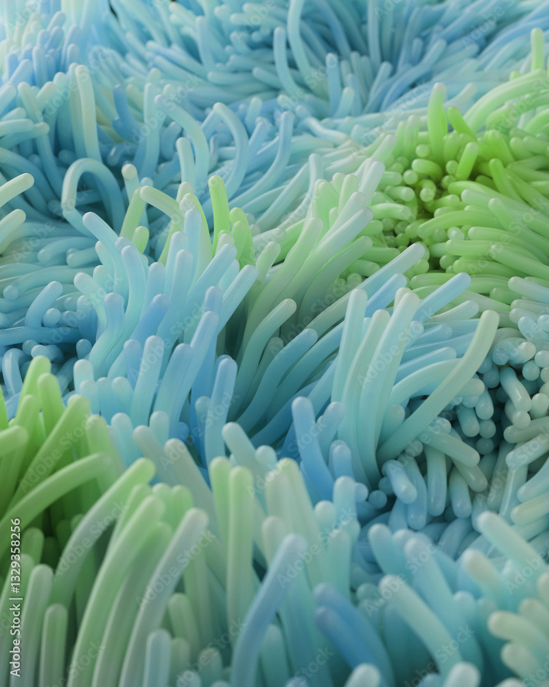 Vibrant close-up of soft flexible blue and green synthetic fibers resembling anemone tentacles or artificial grass. The dynamic texture creates a surreal and organic visual effect Vibrant close-up of soft flexible blue and green synthetic fibers resembling anemone tentacles or artificial grass. The dynamic texture creates a surreal and organic visual effect