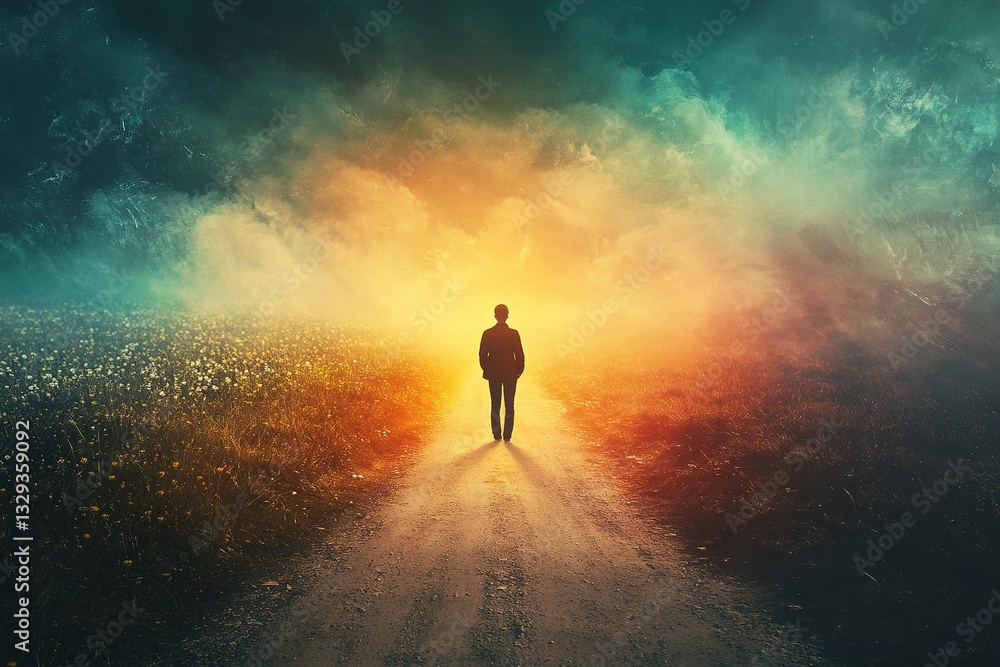 A person standing at a crossroads, one path leading to anxiety and stress, the other towards peace and self-care, with warm guiding light illuminating the way A person standing at a crossroads, one path leading to anxiety and stress, the other towards peace and self-care, with warm guiding light illuminating the way