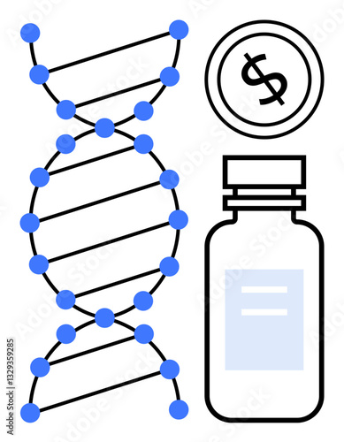 DNA molecule linking with medicine bottle and dollar coin conveys innovation, medicine cost, research. Ideal for genetics, biotech, healthcare, funding, innovation, pharmaceutical economics flat