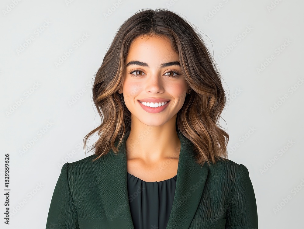 Professional woman smiling, wearing a dark blazer, exuding confidence and approachability against a neutral background. Professional woman smiling, wearing a dark blazer, exuding confidence and approachability against a neutral background.