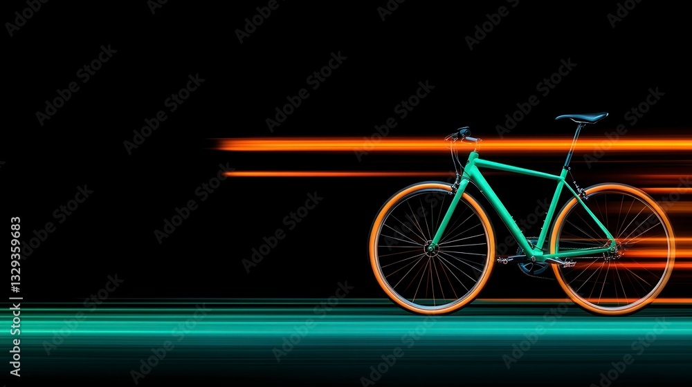 Fototapeta premium Teal Bicycle Speeding at Night with Orange and Teal Light Trails