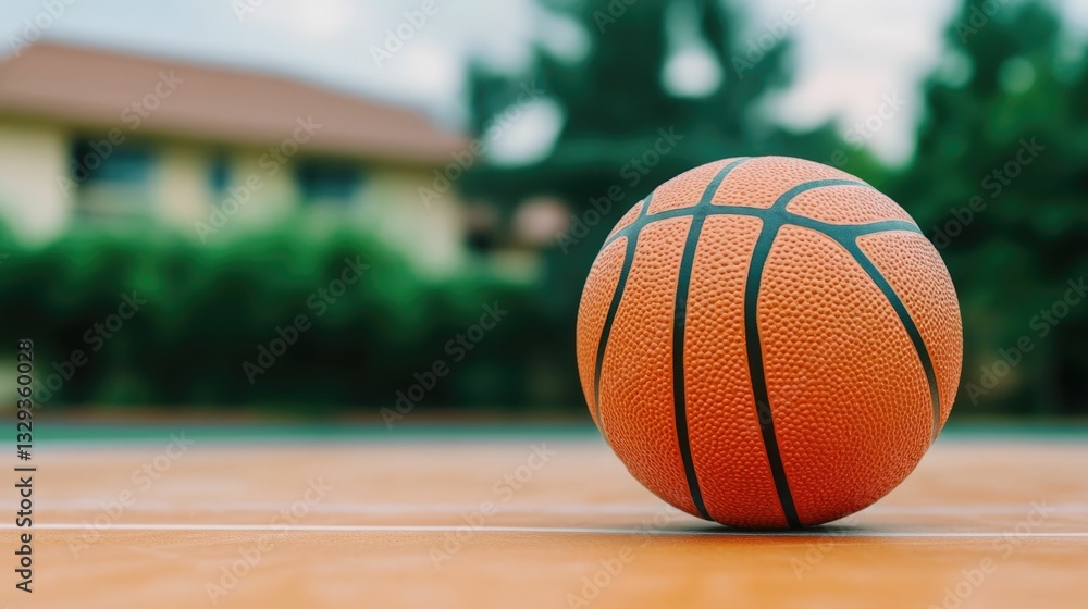 A vibrant orange basketball resting near the boundary line of a basketball court signifying the anticipation and excitement of an upcoming game or practice session The court s surface A vibrant orange basketball resting near the boundary line of a basketball court signifying the anticipation and excitement of an upcoming game or practice session The court s surface