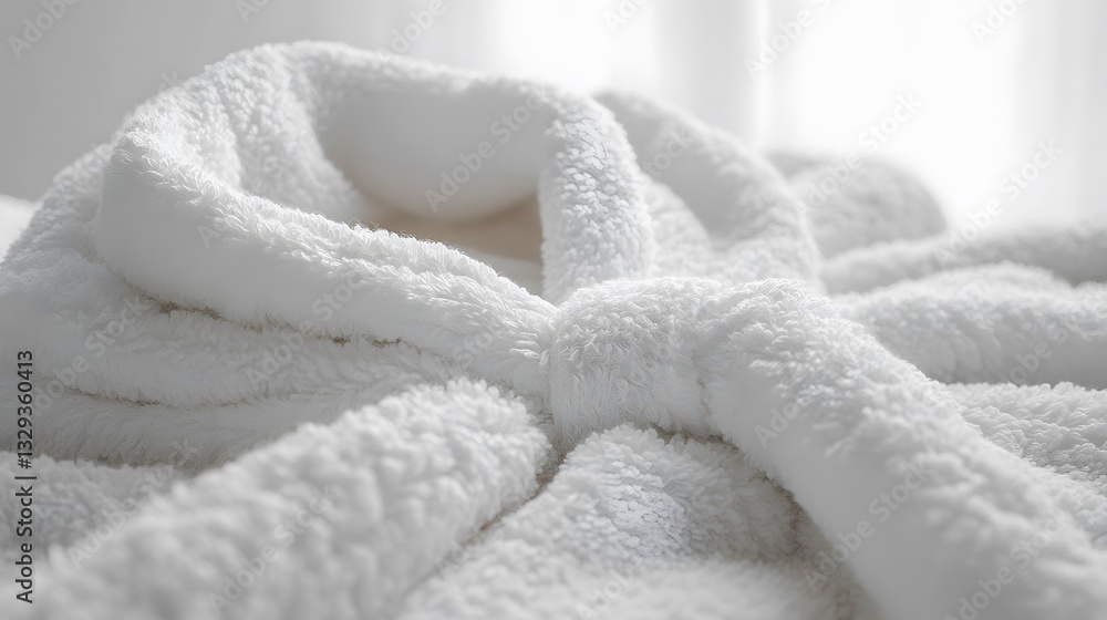 Plush white bathrobe with soft terry cloth texture and elegant shawl collar design. Comfortable loungewear features tie belt and cozy spa-like quality, photographed against clean white background. Plush white bathrobe with soft terry cloth texture and elegant shawl collar design. Comfortable loungewear features tie belt and cozy spa-like quality, photographed against clean white background.