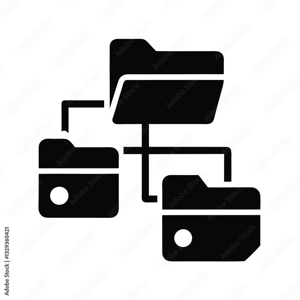 File organization, folder hierarchy, data structure, digital storage, network diagram, connected folders, file management system, information architecture, black and white icon, File organization, folder hierarchy, data structure, digital storage, network diagram, connected folders, file management system, information architecture, black and white icon,