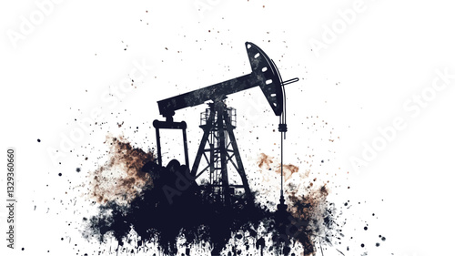 A stylized image depicting a pumpjack silhouette against a white background.  The silhouette is rendered in dark blue, with brown and black ink splatter effects surrounding the base, creating a