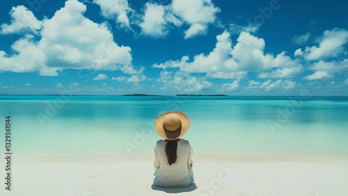 Serene Beach Escape: Woman Relaxing by the Turquoise Ocean