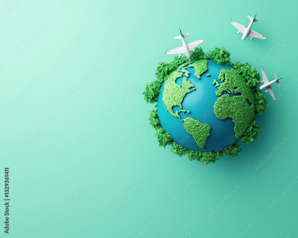 An aerial view of a globe with eco-friendly airplanes forming heart patterns. An aerial view of a globe with eco-friendly airplanes forming heart patterns.