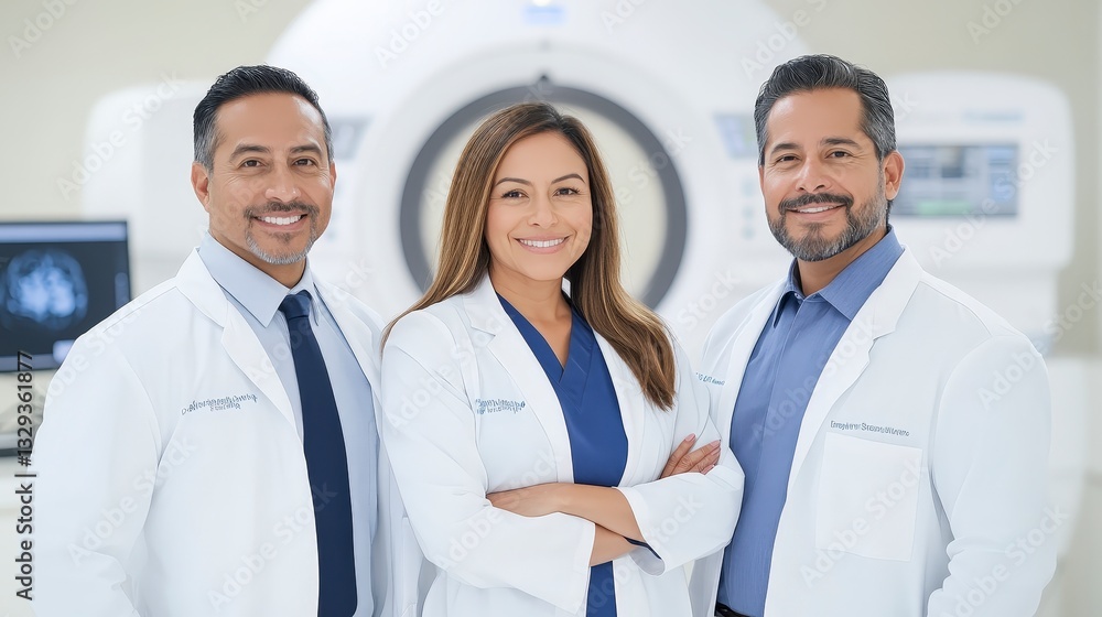 Three healthcare professionals in white lab coats smile confidently in a clinical setting, with medical equipment visible in the background. Three healthcare professionals in white lab coats smile confidently in a clinical setting, with medical equipment visible in the background.