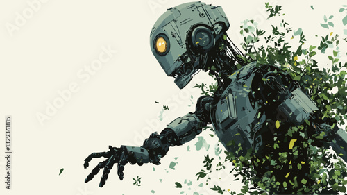 A digital illustration depicting a metallic robot in the process of biodegradation.  The robot is predominantly grey and silver, with visible mechanical joints and a round head featuring a yellow