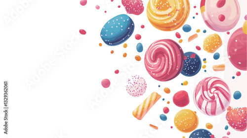 Digital illustration depicting a variety of colorful candies and sweets against a white background. The candies are rendered in a cartoonish style with exaggerated textures and bright colors. They