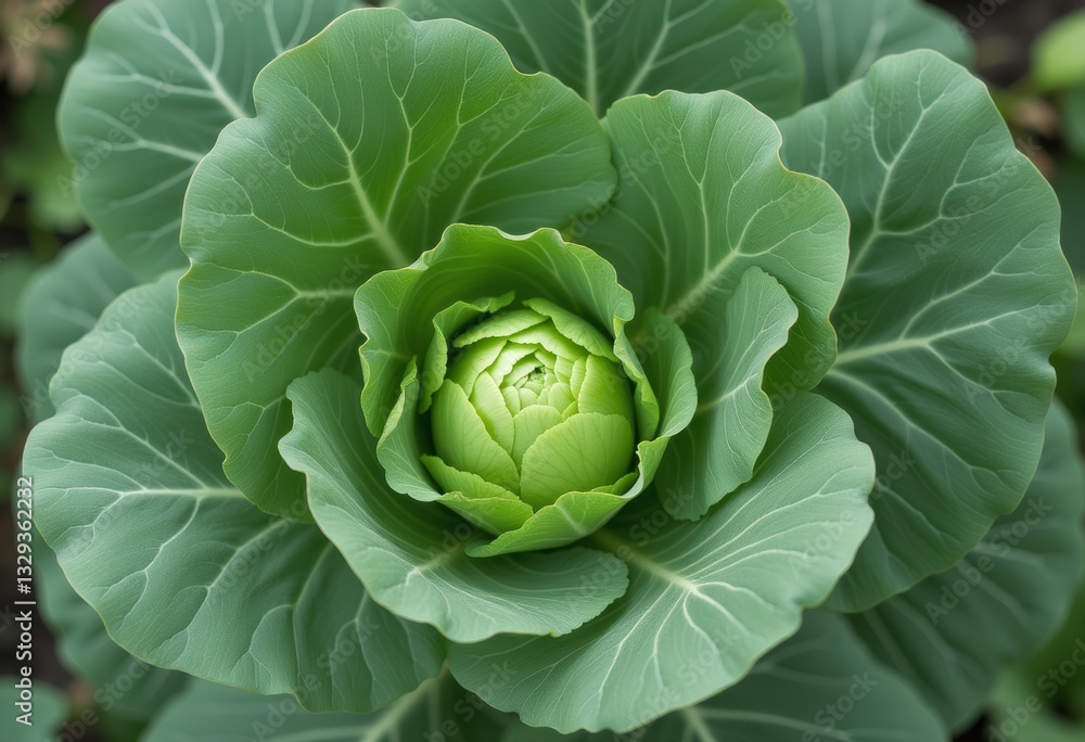 Close-up of a fresh green cabbage with leaves unfurling in a garden setting Close-up of a fresh green cabbage with leaves unfurling in a garden setting