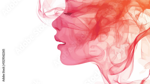 The image is a stylized abstract portrait of a woman's face in profile.  The face is rendered using swirling, translucent smoke-like forms in shades of red, orange, and yellow, transitioning to