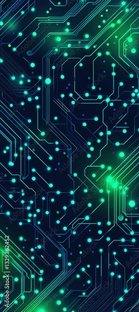 Obraz premium A vibrant abstract background featuring intricate circuit patterns and glowing dots in shades of blue and green.