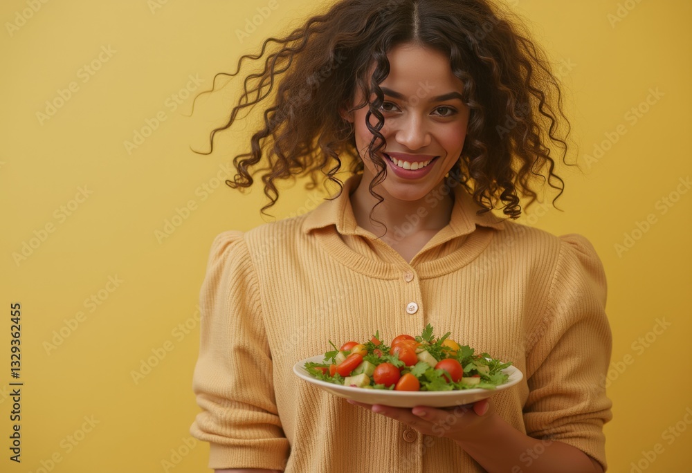 Woman holding a bowl of salad with tomatoes and parsley against a yellow background Woman holding a bowl of salad with tomatoes and parsley against a yellow background