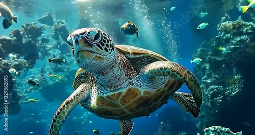 Sea turtle swimming in aquarium with fish and coral reef. Possible use Stock photo for nature or marine life