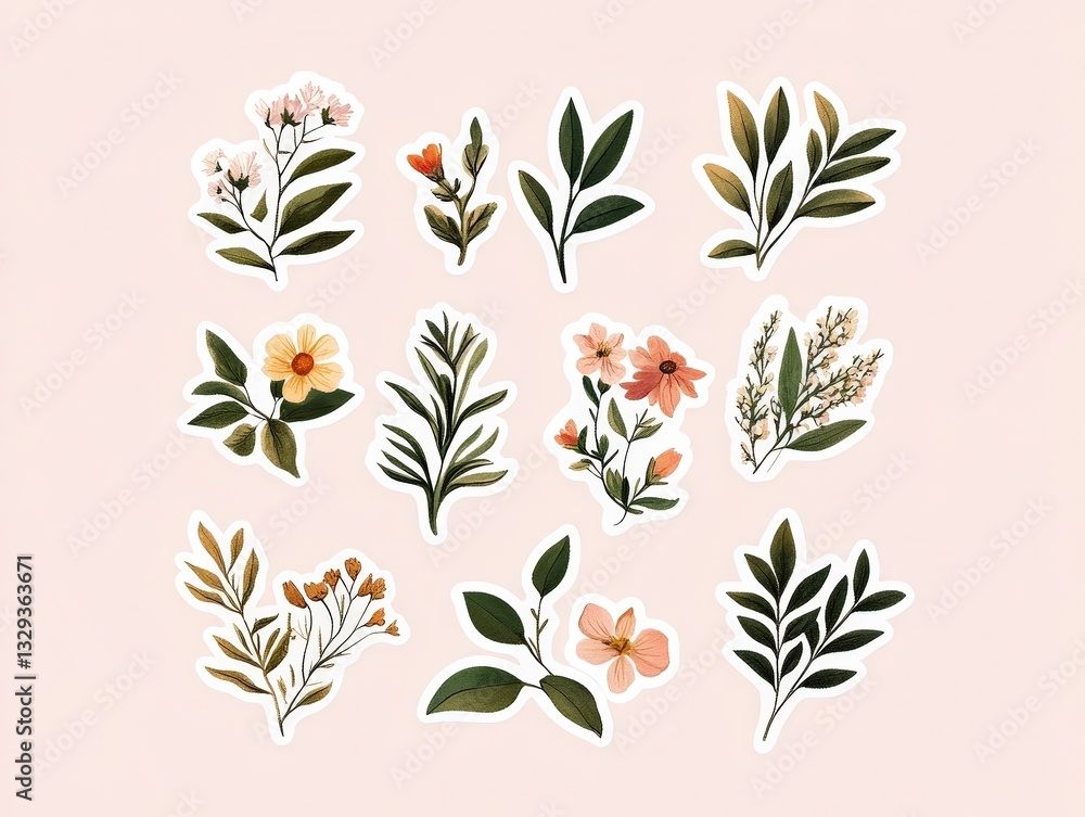 Obraz premium Collection of illustrated botanical elements featuring various flowers and leaves on a soft background. Perfect for design and decoration.
