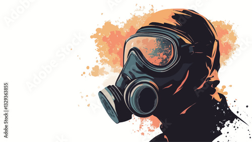 Digital illustration of a person's head and shoulders wearing a gas mask. The style is a blend of vector art and watercolor effects. The gas mask is dark gray and black, detailed, and the