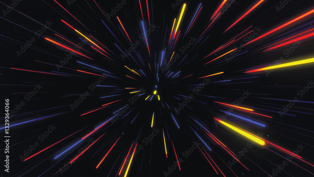 Abstract geometric background of radial lines. Aerial flight inside festive fireworks. Movement effect. Speed, fireworks, bright neon glow. 3D Vector illustration Abstract geometric background of radial lines. Aerial flight inside festive fireworks. Movement effect. Speed, fireworks, bright neon glow. 3D Vector illustration