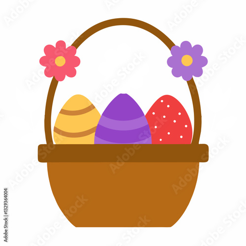 Cartoon basket with easter eggs and flowers. Greeting card Happy Easter for decorative, banner, poster, card. Vector illustration on white background