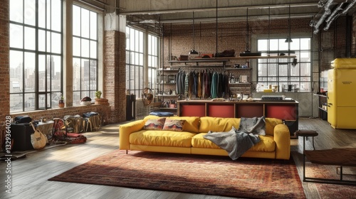 Stylish loft apartment with an open iron shelving wardrobe and a curated selection of clothing