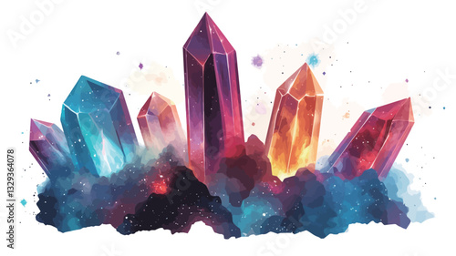 Digital illustration depicting several brightly colored, multifaceted crystals seemingly emerging from a dark, nebula-like cloud. The crystals exhibit a range of colors including deep reds,