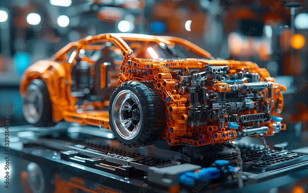 Orange toy car chassis on assembly line. Orange toy car chassis on assembly line.