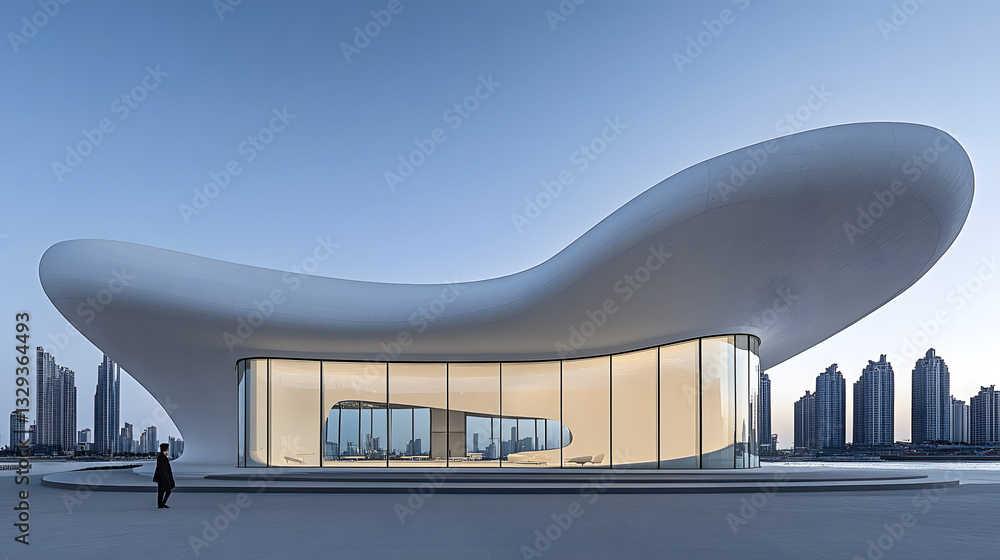 Obraz premium A stunning building showcasing angular dynamics of a city skyline at dusk with beautiful lighting and artistic architectural elements.