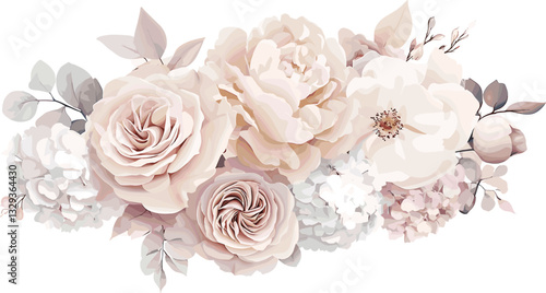 Dusty pink and cream rose, peony, hydrangea flower, tropical leaves vector garland. Dusty pink and cream rose, peony, hydrangea flower, tropical leaves vector garland wedding bouquet