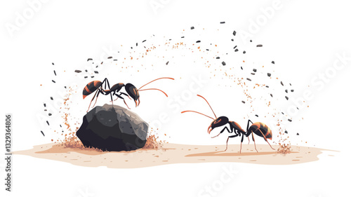 Watercolor illustration depicting two ants collaboratively carrying a dark gray or black stone. The ants are realistically rendered with visible detail, exhibiting anatomical accuracy.  The stone