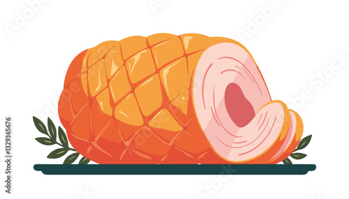 Festive holiday ham with pineapple rings on white background, celebration