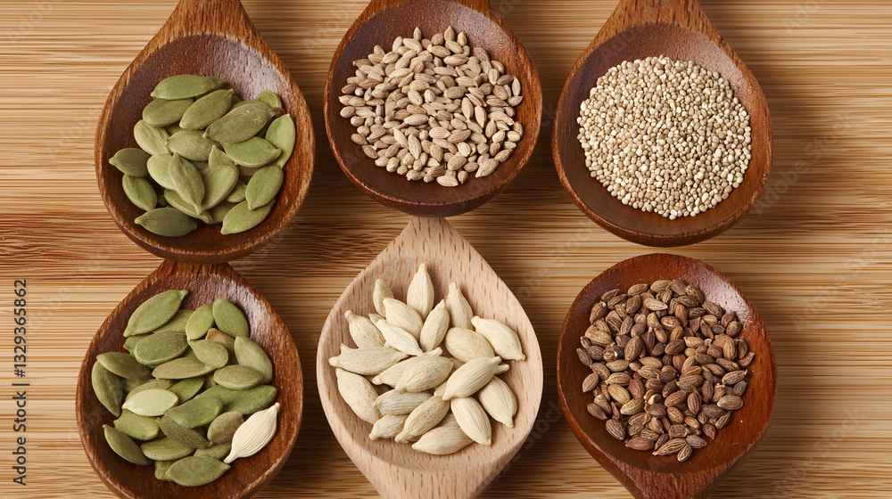 Wooden spoons with various seeds and spices, symbolizing natural ingredients, healthy cooking, and culinary diversity.
Wooden spoons with various seeds and spices, symbolizing natural ingredients, healthy cooking, and culinary diversity.