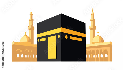 Illustration of the Kaaba with abstract geometric domes, spiritual symbolism
