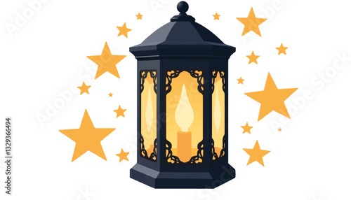 Decorative lantern shining brightly with stars, holiday warmth