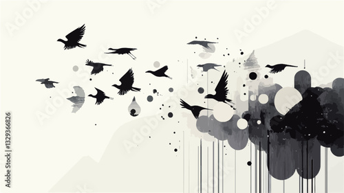 The image is a stylized monochrome graphic depicting a flock of birds in flight. The birds are rendered as simple black silhouettes against a white background.  The composition is abstract, with