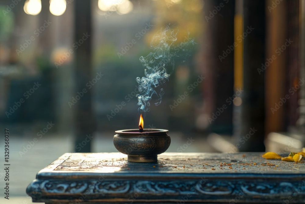 Incense smoke curls delicately from a flame-lit burner on an intricately carved table, set against a backdrop of warm sunlight. Incense smoke curls delicately from a flame-lit burner on an intricately carved table, set against a backdrop of warm sunlight.