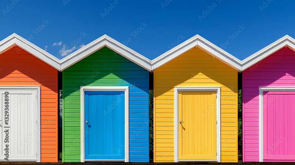 Row of Colorful Beach Huts Against a Clear Blue Sky Background Row of Colorful Beach Huts Against a Clear Blue Sky Background